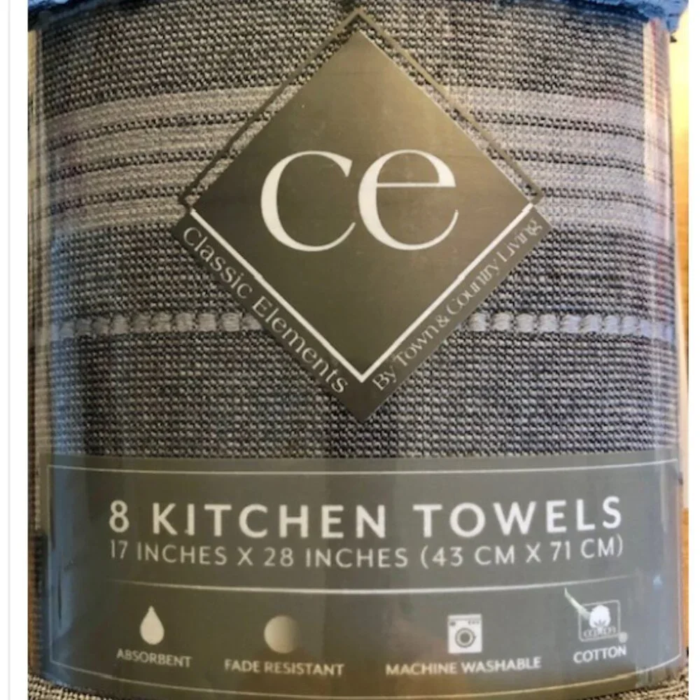Classic Elements 8 Pack 100% Cotton Soft and Absorbent  Kitchen Towels, Gray